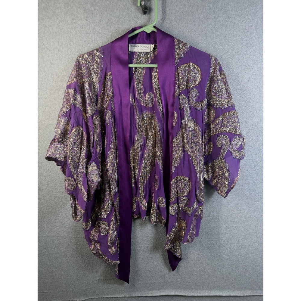 Vintage Howard Wolf Kimono Jacket Womens One Size Purple Paisley Sheer Metallic